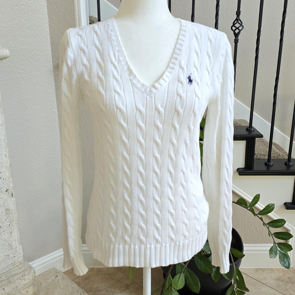 Ralph Lauren White V-Neck Cable Knit Sweater Size Medium - Picture 3 of 10